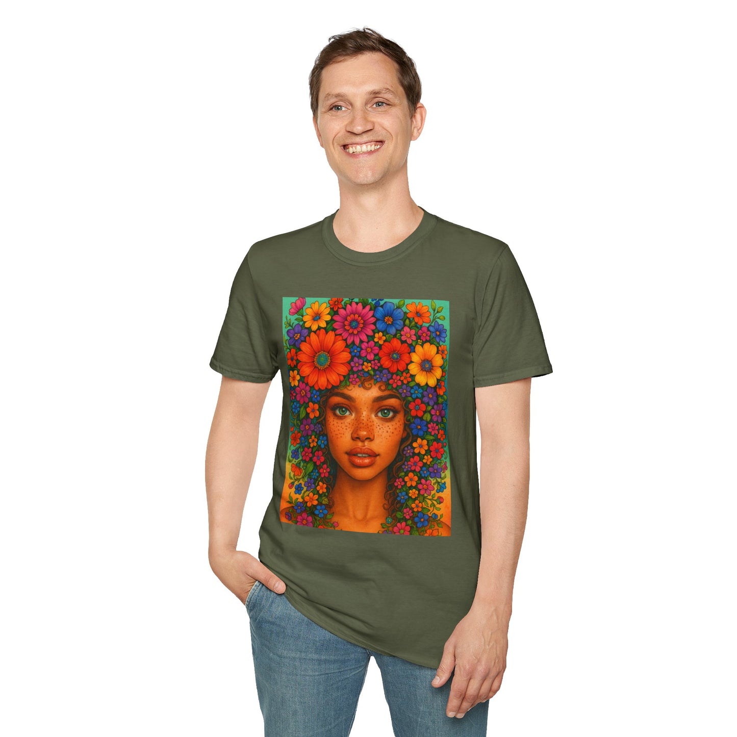 Flower Crown Woman T-Shirt – Afro Boho Floral Portrait Tee – Vibrant Art Shirt Gift for Nature Lovers, Hippies, Artists, and Bold Aesthetic Queens