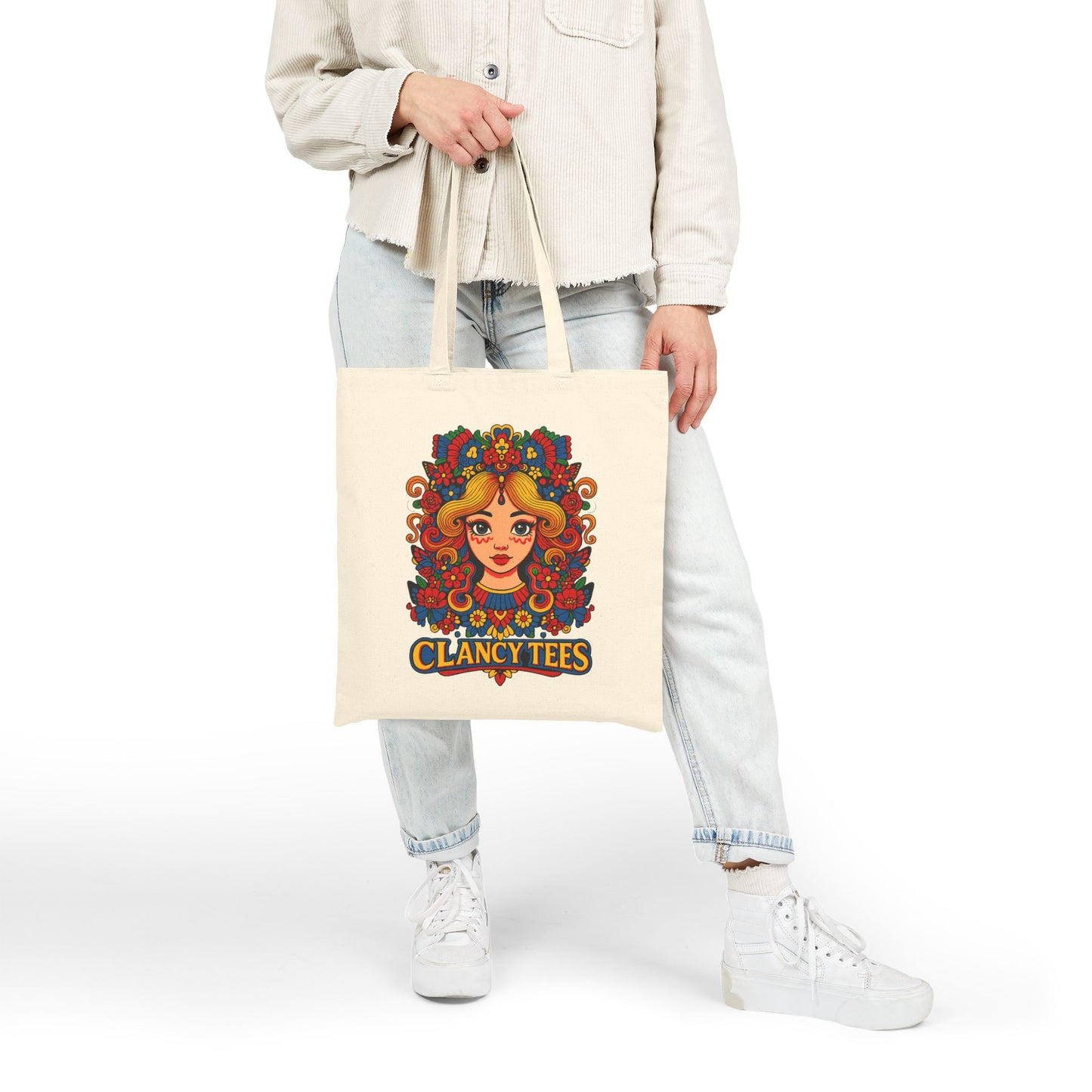 Psychedelic Art Tote Bag With Retro Floral Face Design Groovy Fashion Accessory Everyday Carry Bag Clancy Tees Artwork