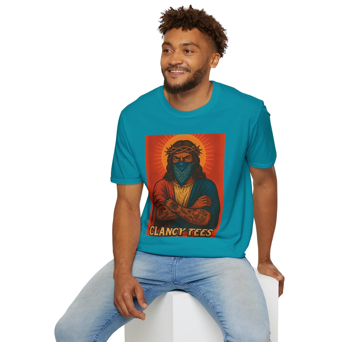 Gangsta Jesus Tattoo Shirt – Bold Religious Parody Tee with Face Mask – Street Art Style Graphic – Gift for Rebels, Sinners, and Faithful Rule-Breakers