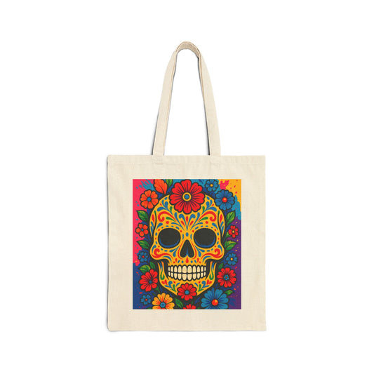 Sugar Skull Floral Tote Bag Canvas Reusable Eco Friendly Day Of The Dead Artwork