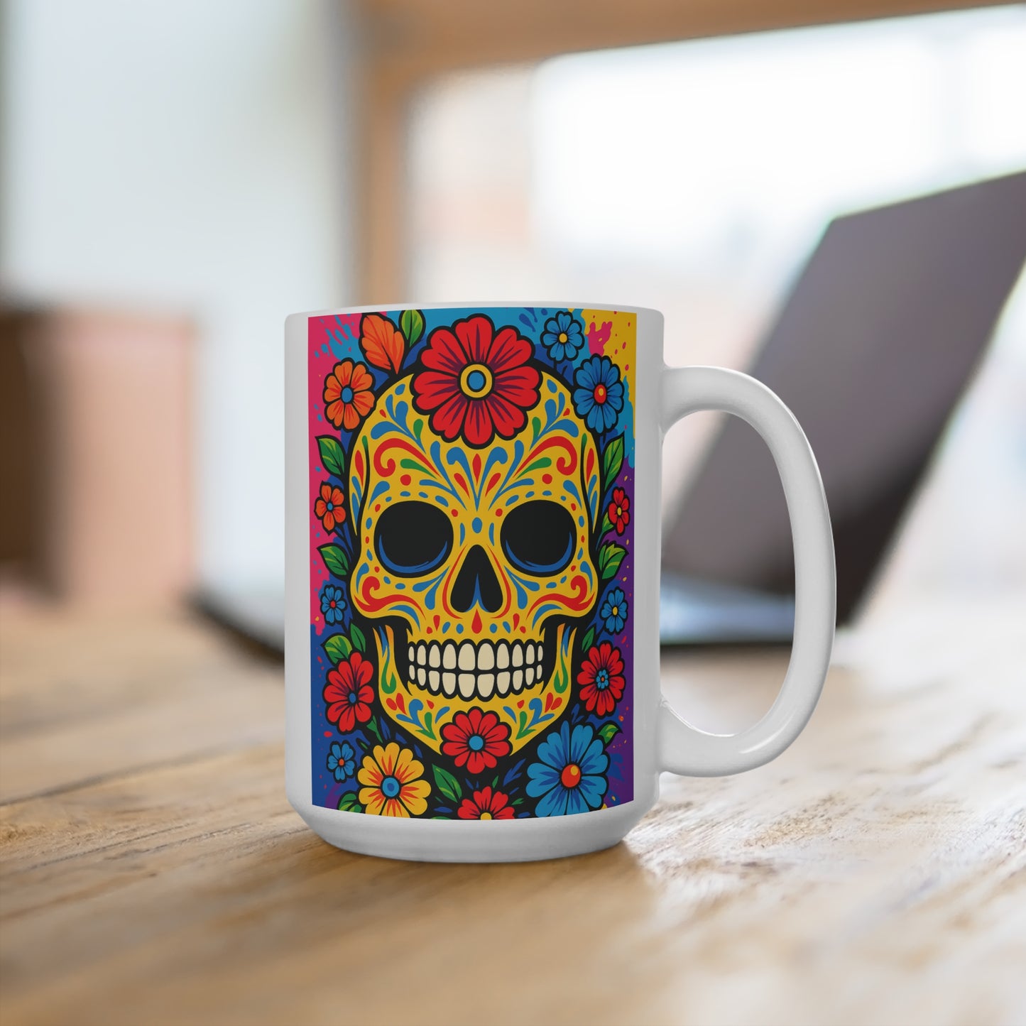 Sugar Skull Mug Colorful Day Of The Dead Coffee Cup Floral Skeleton Artwork Gift