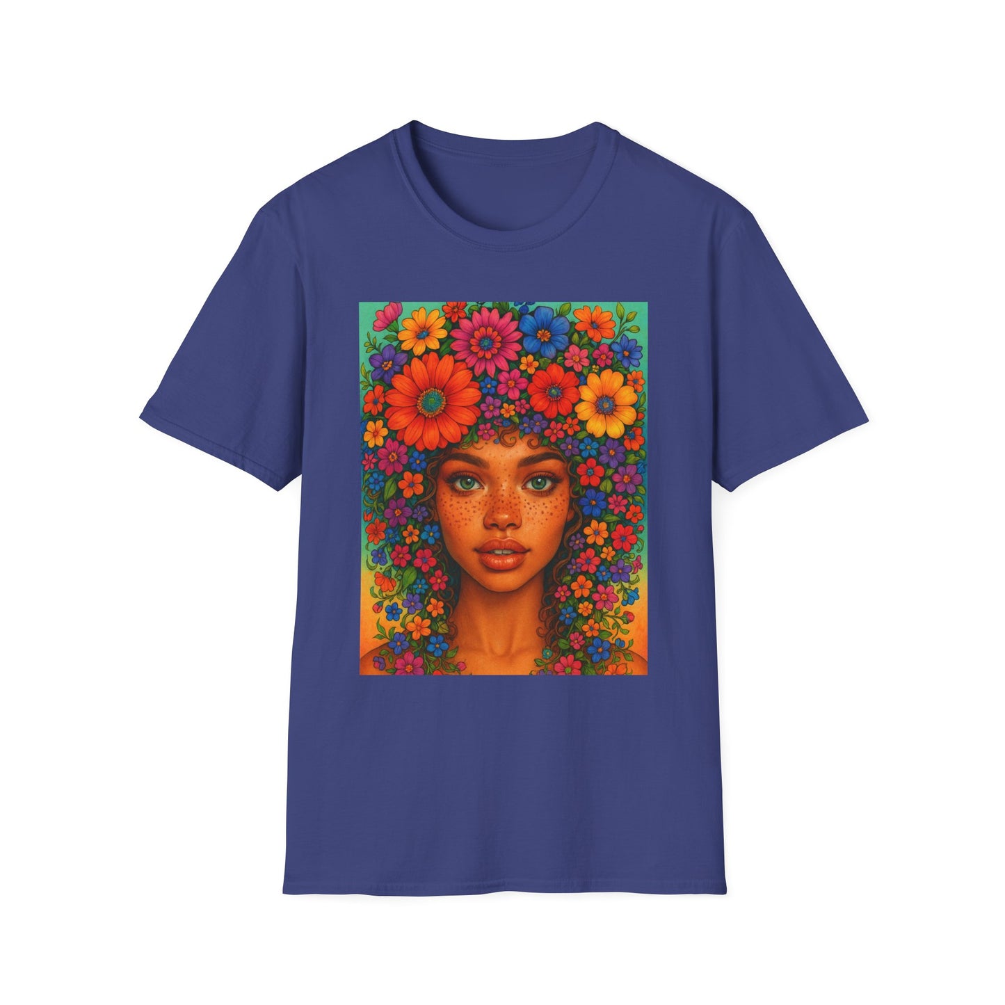 Flower Crown Woman T-Shirt – Afro Boho Floral Portrait Tee – Vibrant Art Shirt Gift for Nature Lovers, Hippies, Artists, and Bold Aesthetic Queens