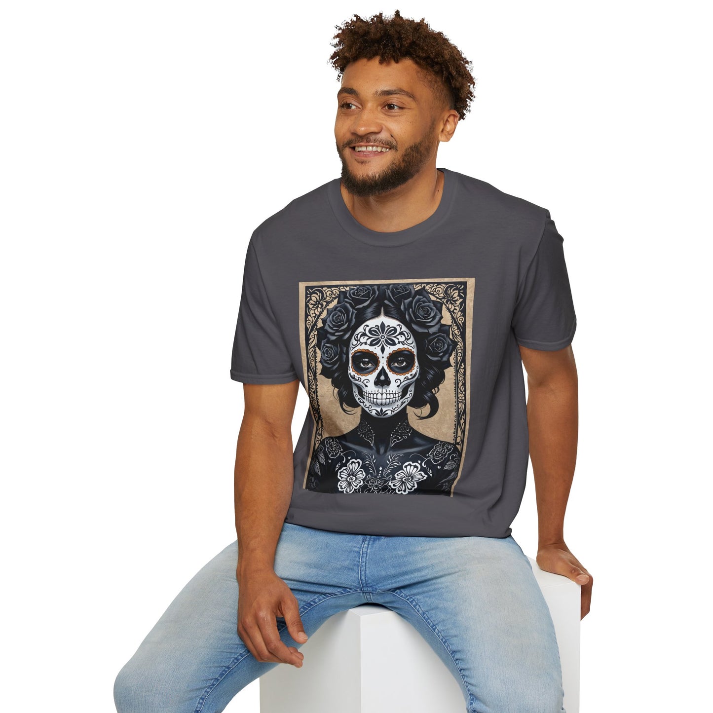 Black Floral Skull Tattoo Shirt – Gothic Día de los Muertos Tee – Gift for Skull Collectors, Tattoo Fans, and Alt Aesthetic Enthusiasts