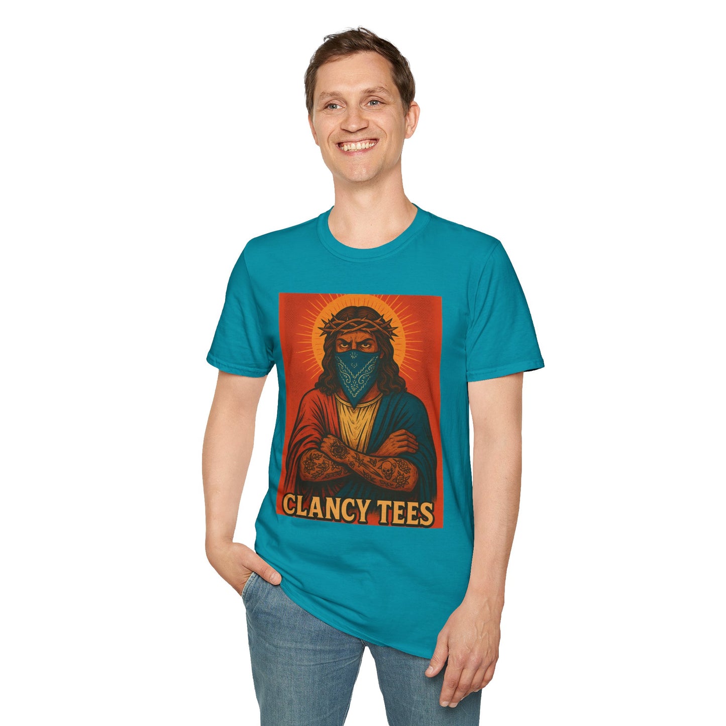 Gangsta Jesus Tattoo Shirt – Bold Religious Parody Tee with Face Mask – Street Art Style Graphic – Gift for Rebels, Sinners, and Faithful Rule-Breakers