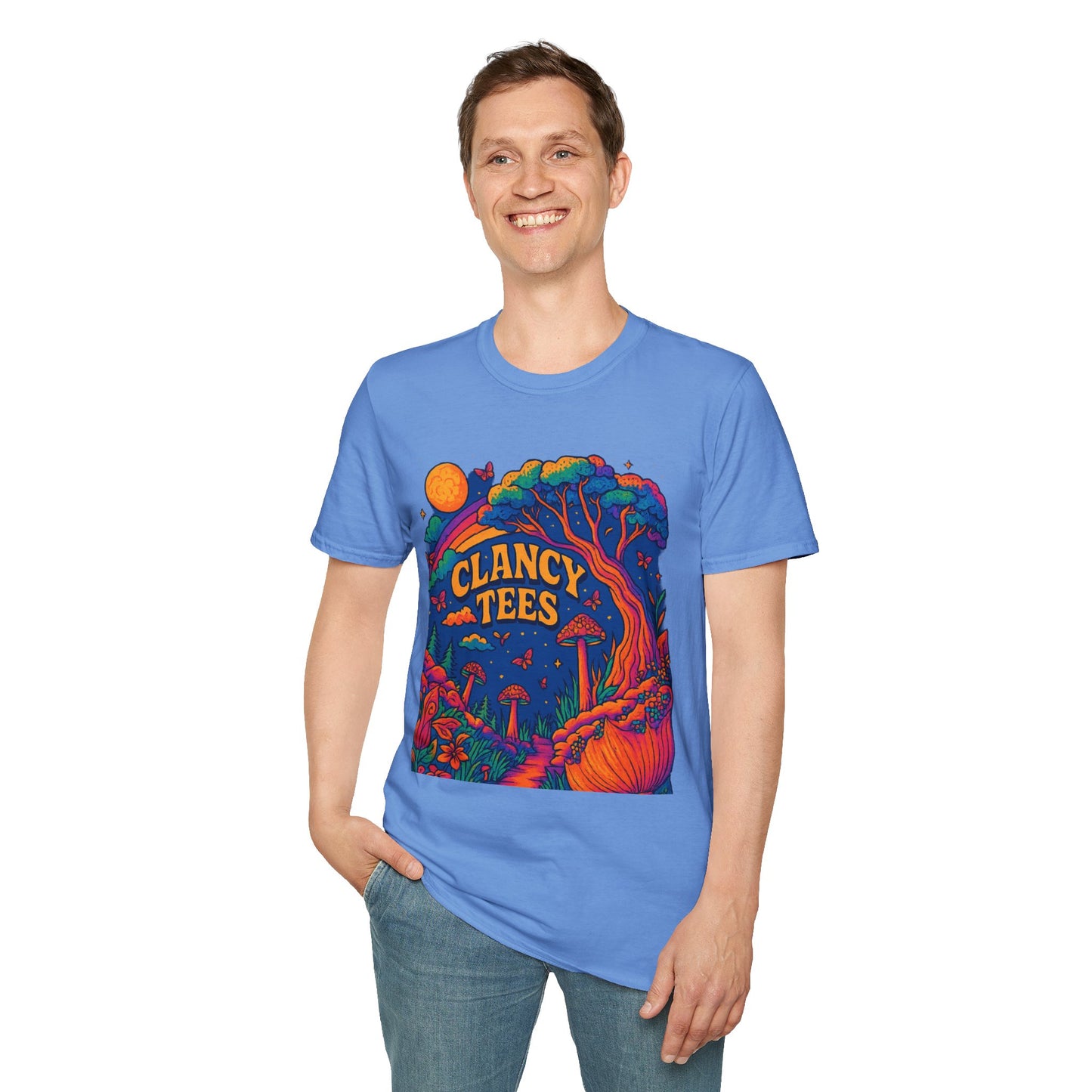 Colorful Nature-Themed Unisex Softstyle T-Shirt - Bohemian Vibe, Perfect for Festivals, Gift for Nature Lovers, Casual Wear, Clancy Tees