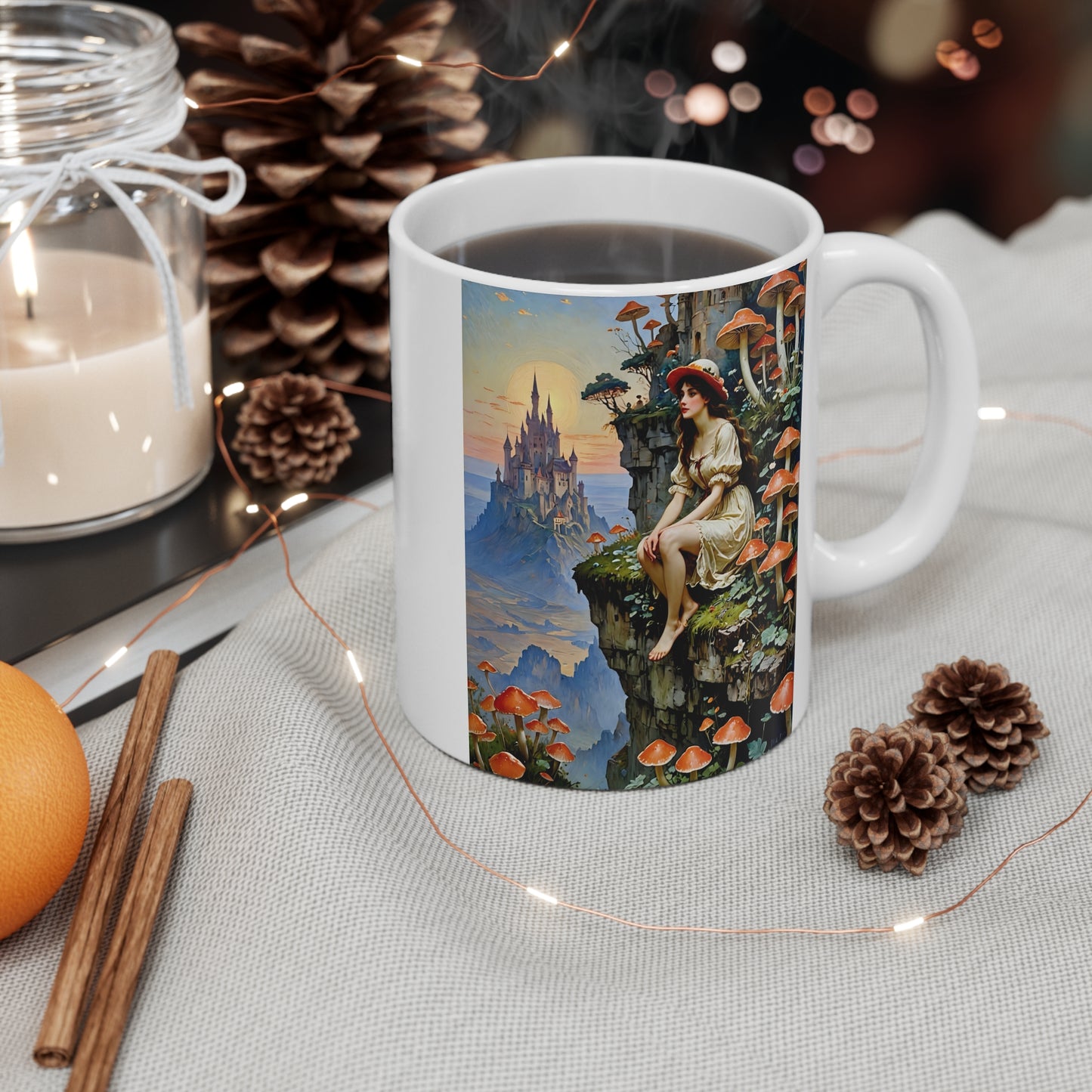 Fantasy Castle Coffee Mug 11oz Ceramic Cup Fairy Tale Drinkware Whimsical Artwork Enchanted Mushroom Forest Design For Morning Coffee And Hot Tea