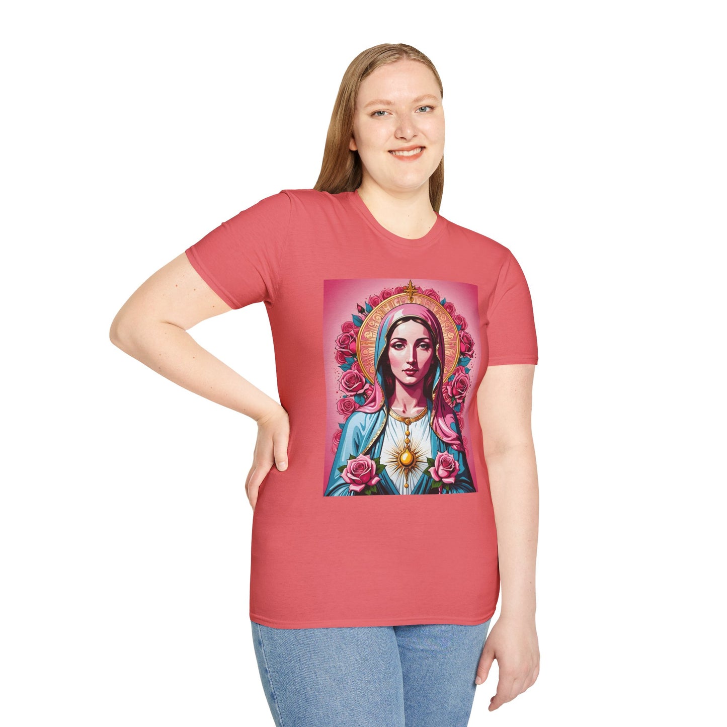 Unisex Softstyle T-Shirt with Sacred Heart Design, Spiritual Apparel, Artistic Gift for Many Occasions, Vintage Aesthetic, Festive Wear
