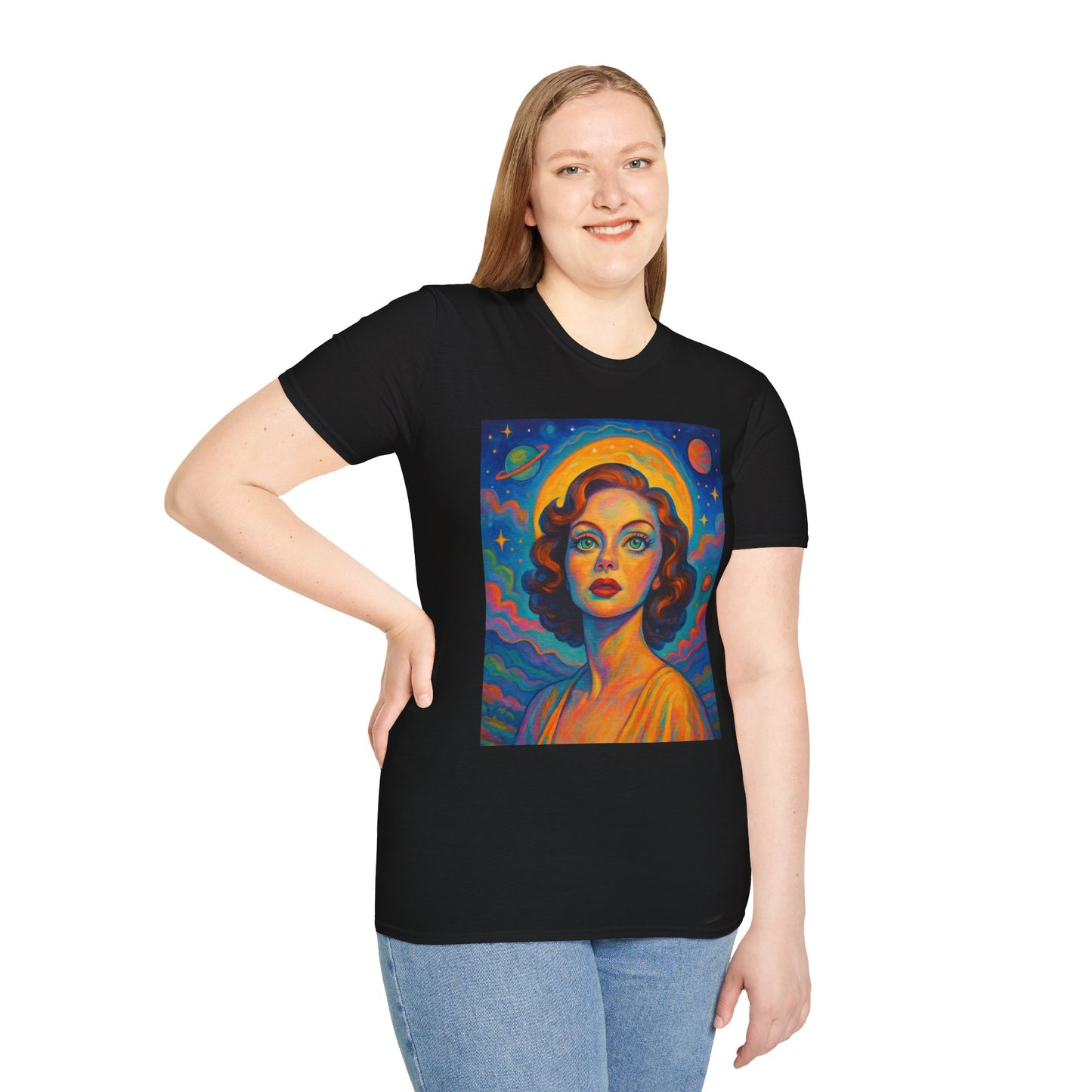 Retro Space Girl T Shirt Vintage Sci Fi Beauty Psychedelic Pop Art Galaxy Babe Tee Gift for Star Gazers Cosmic Fashion Astronaut Dreamwear