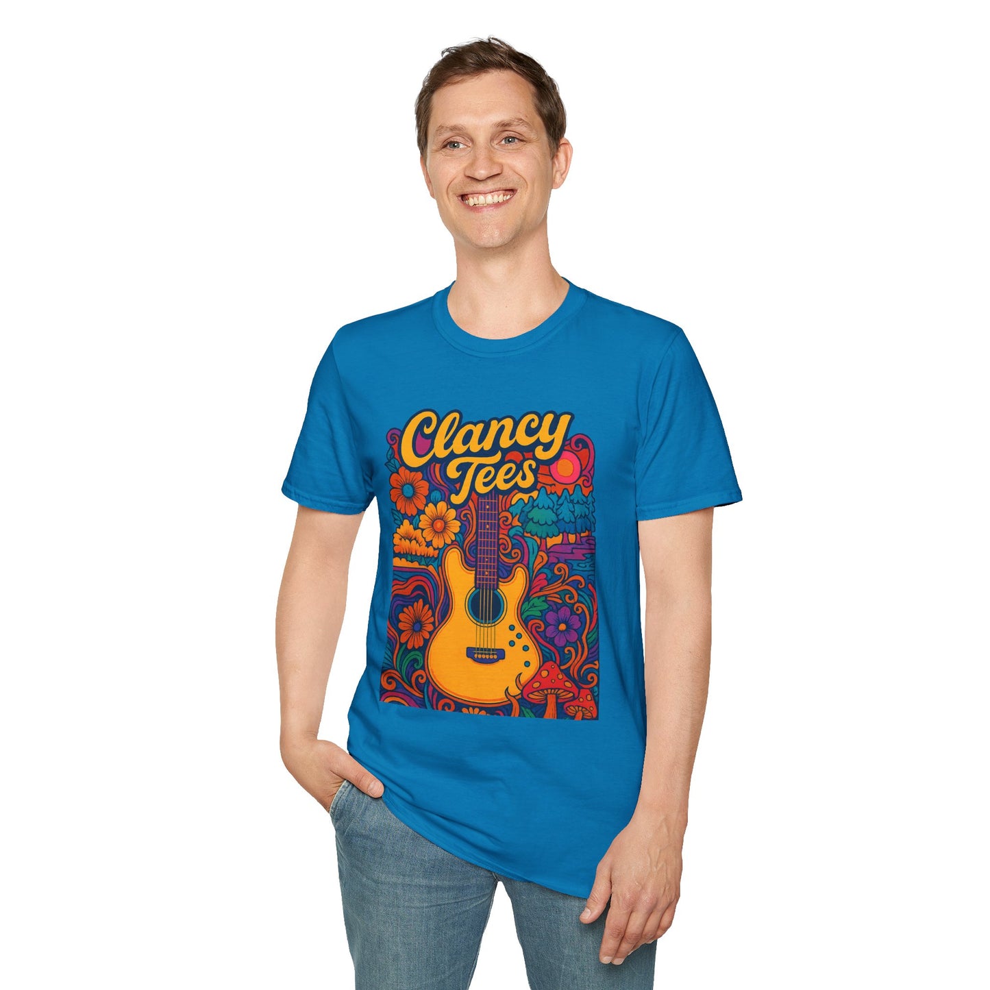 Retro Guitar Graphic T-Shirt for Music Lovers, Vintage Style Tee, Unisex Design, Ideal for Festivals and Gifts, Clancy Tees