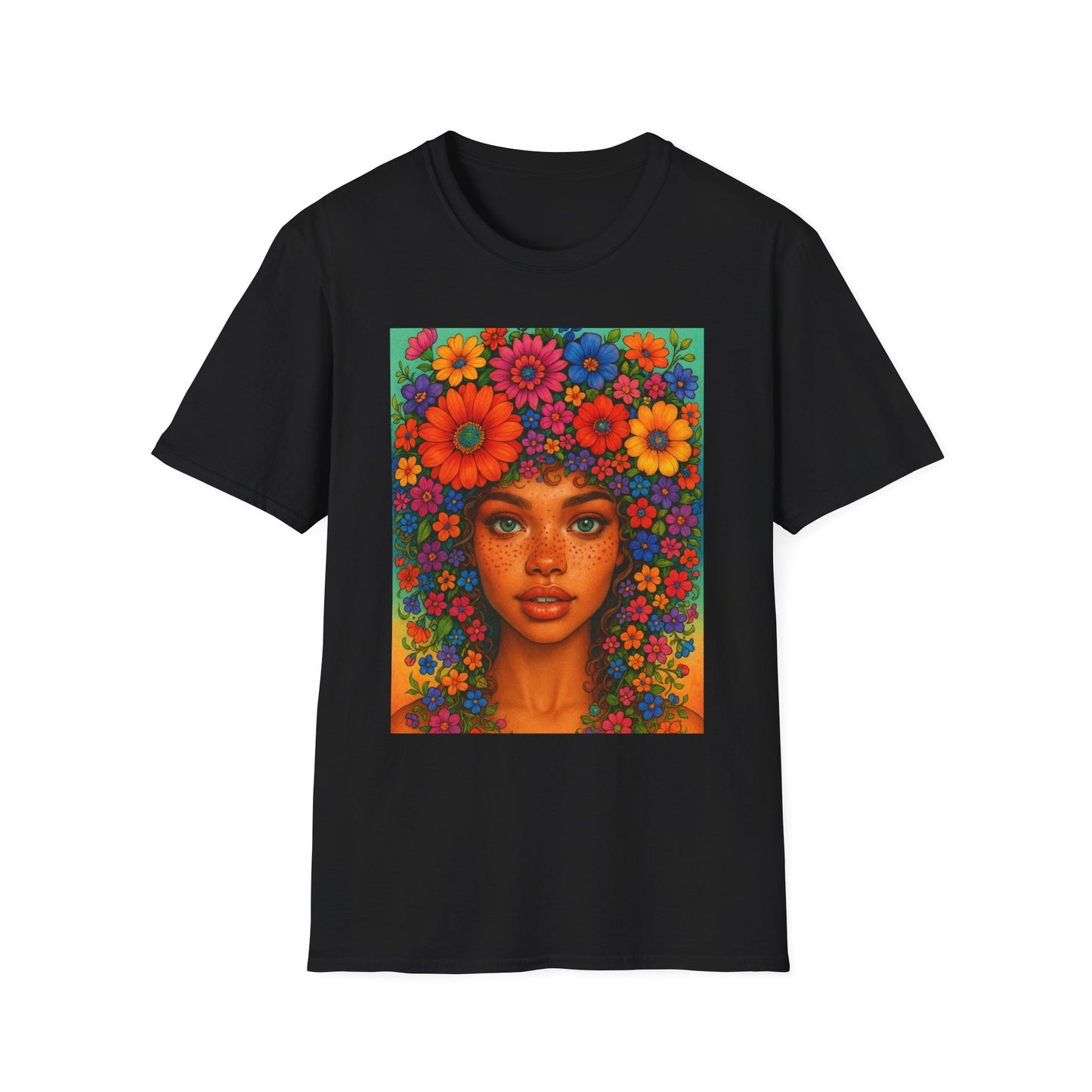Flower Crown Woman T-Shirt – Afro Boho Floral Portrait Tee – Vibrant Art Shirt Gift for Nature Lovers, Hippies, Artists, and Bold Aesthetic Queens