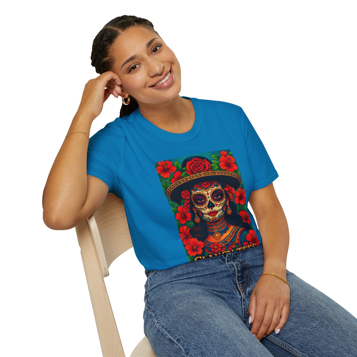 Colorful Sugar Skull T-Shirt, Day of the Dead Tee, Unique Graphic Shirt, Festival Apparel, Gift for Halloween, Unisex Softstyle Tee