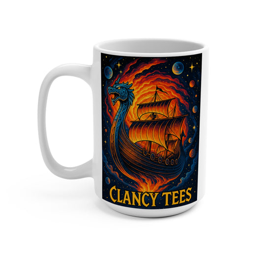 Viking Dragon Ship Coffee Mug – Mythical 15oz Ceramic Cup, Norse Longship Artwork, Gift for Fantasy and History Fans