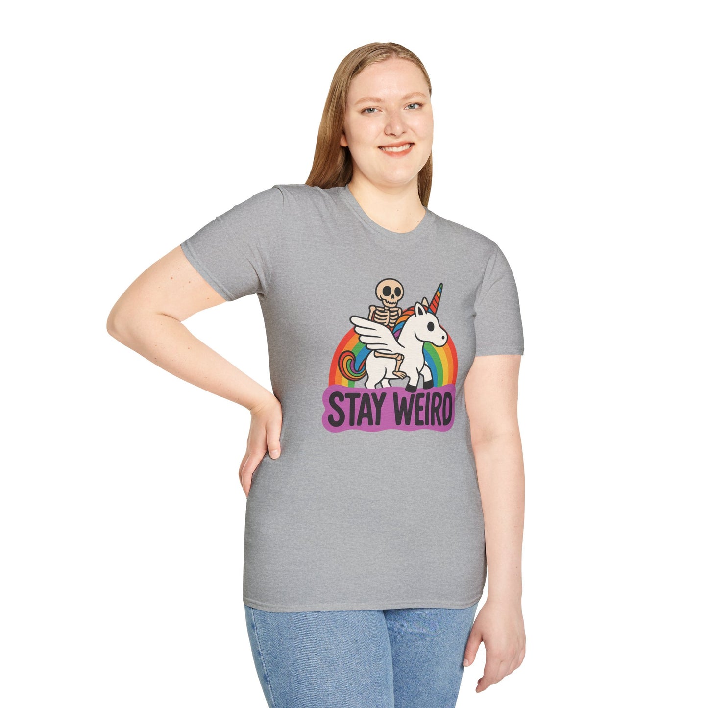 Stay Weird Skeleton Unicorn Shirt – Funny Rainbow Graphic Tee – Whimsical Weirdcore Clothing – Gift for Quirky Friends and Oddball Souls