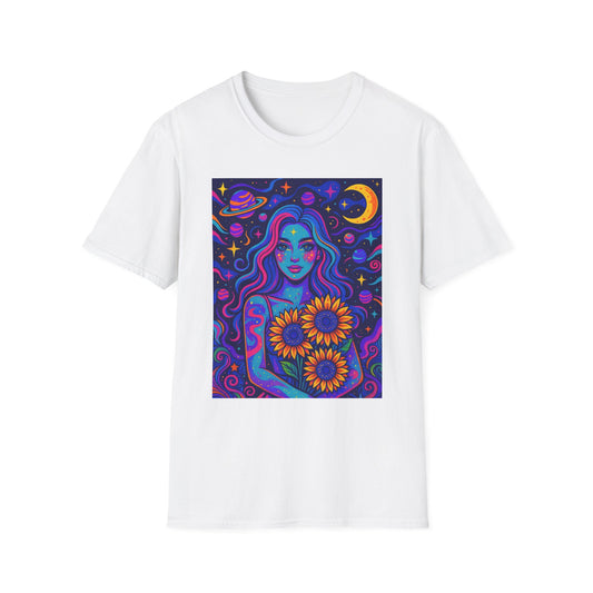 Psychedelic Sunflower Girl Shirt Trippy Space Goddess Tee Gift for Astrology Lovers Cosmic Art T Shirt for Hippies Star Gazers and Moon Magic Fans