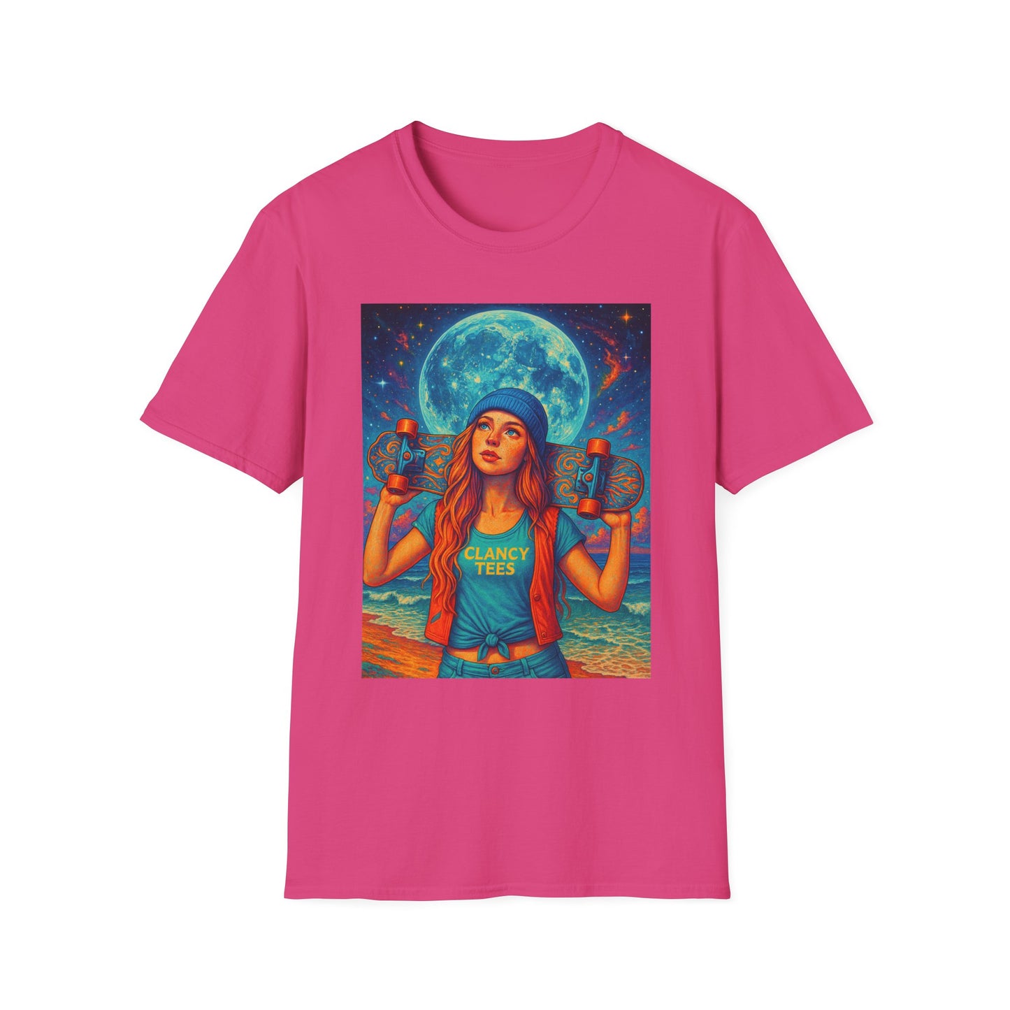 Bohemian Skater Girl Graphic Tee, Unisex T-Shirt with Moon & Nature Design, Perfect for Festivals, Gift for Nature Lovers, Summer Vibes, Casual Wear