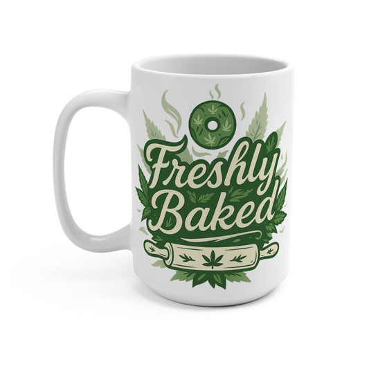 Freshly Baked Mug – Funny Weed Coffee Cup With Cannabis Donut Design, Marijuana Humor Mug, Gift For Stoner Friends
