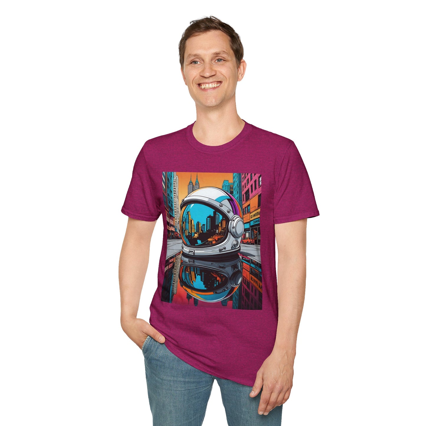 City Astronaut Reflection T-Shirt – Urban Space Art Tee – Gift for Sci-Fi Fans, Streetwear Addicts, and Cosmic Daydreamers