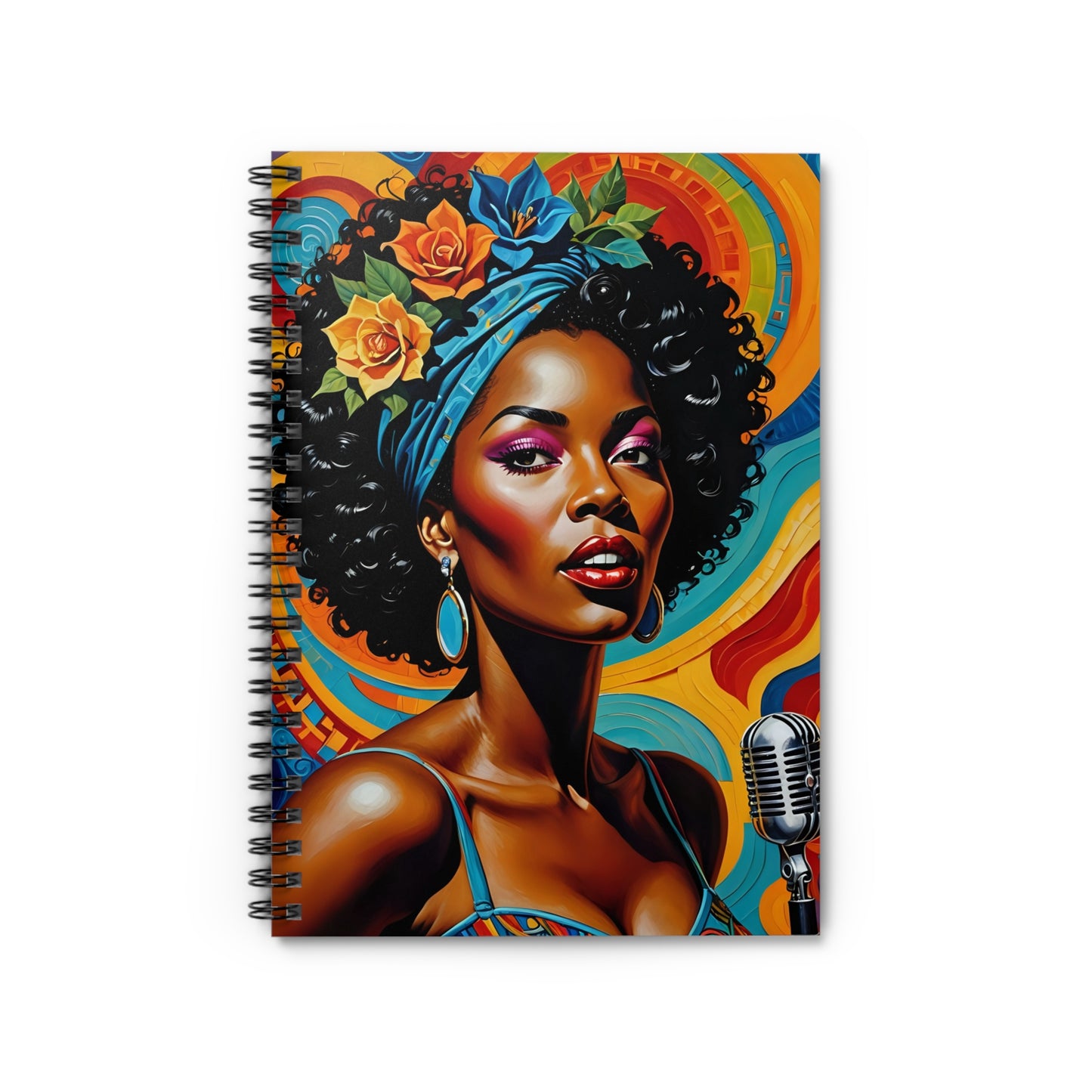 Afrofuturist Singer Notebook – Retro Soul Journal with Bold Art, Vintage Microphone Writing Notebook, Vibrant Music Inspired Journal, Gift for Creative Writers