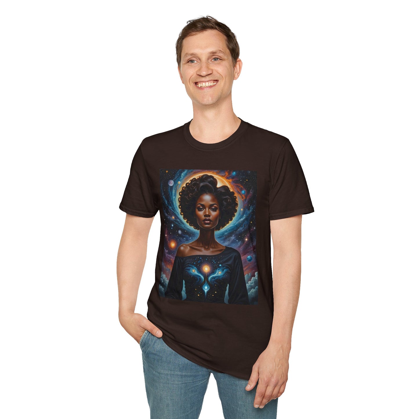 Afrofuturist Cosmic Energy T-Shirt – Celestial Power Graphic Tee, Spiritual Galaxy Shirt, Gift for Astrology Fans, Vibrant Universe Artwork