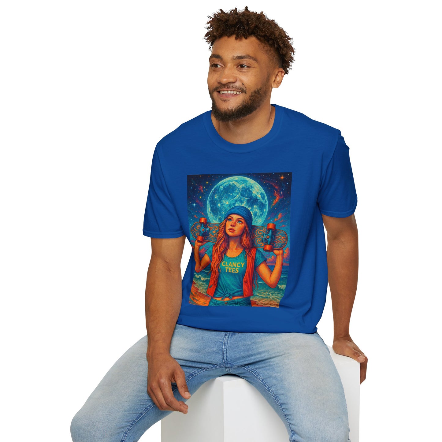 Bohemian Skater Girl Graphic Tee, Unisex T-Shirt with Moon & Nature Design, Perfect for Festivals, Gift for Nature Lovers, Summer Vibes, Casual Wear