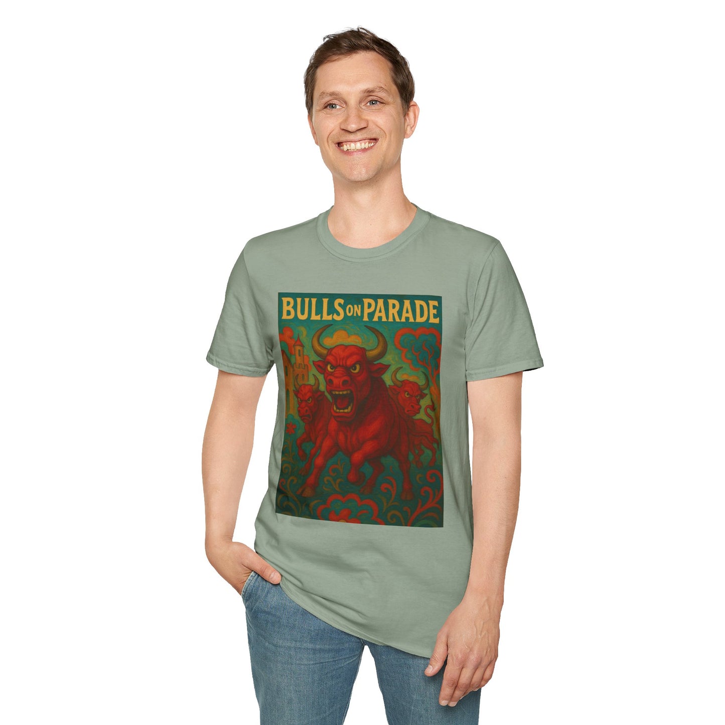 Bulls on Parade Shirt – Psychedelic Rage-Inspired Bull Graphic Tee • Gildan Softstyle® Unisex • Protest Art T-Shirt • Gift for Rage Fans