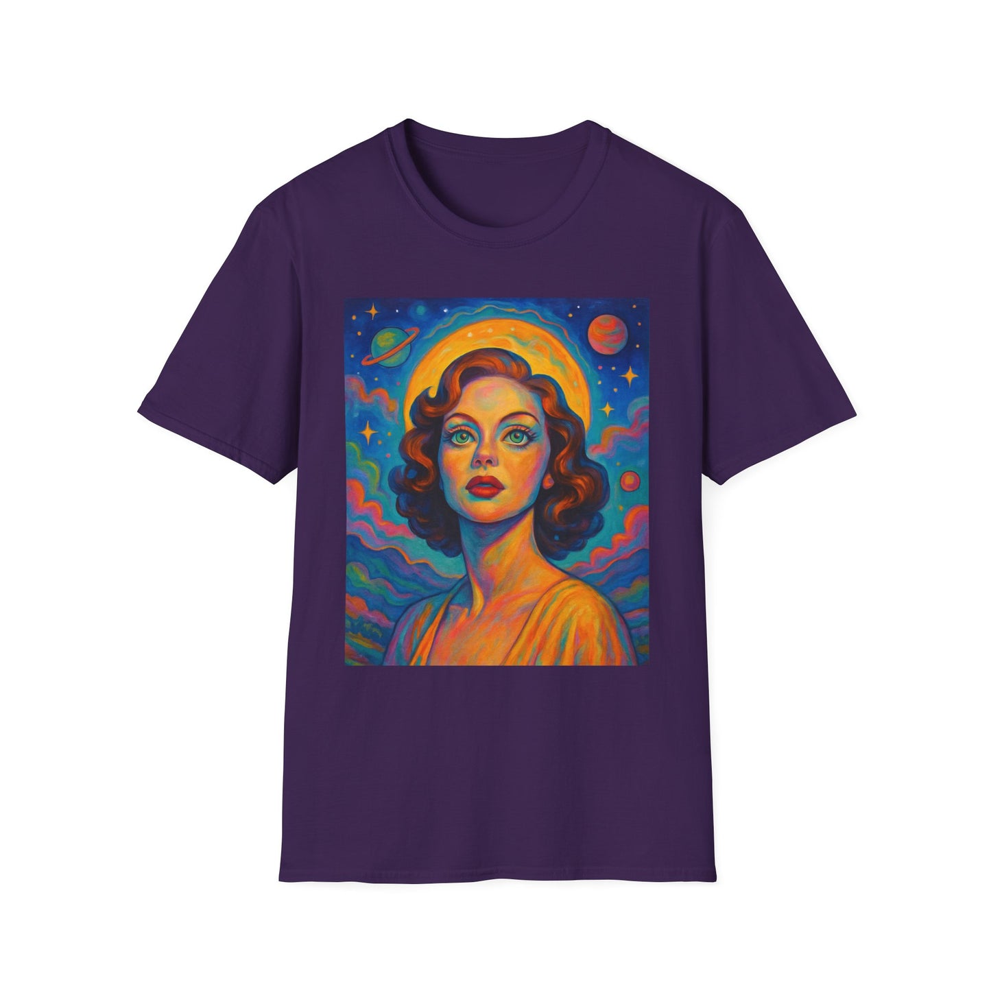 Retro Space Girl T Shirt Vintage Sci Fi Beauty Psychedelic Pop Art Galaxy Babe Tee Gift for Star Gazers Cosmic Fashion Astronaut Dreamwear