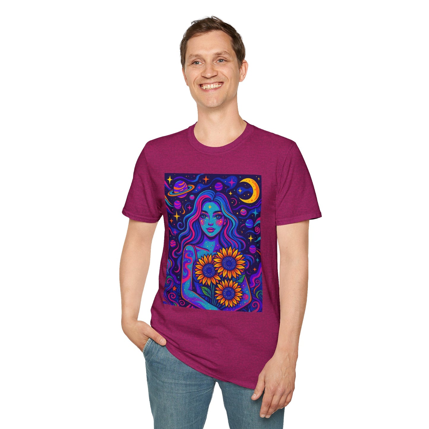 Psychedelic Sunflower Girl Shirt Trippy Space Goddess Tee Gift for Astrology Lovers Cosmic Art T Shirt for Hippies Star Gazers and Moon Magic Fans