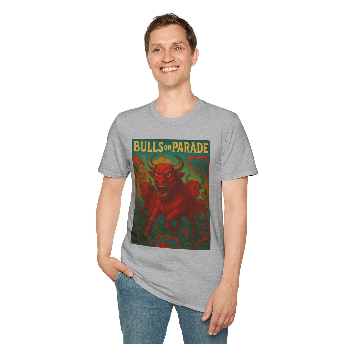 Bulls on Parade Shirt – Psychedelic Rage-Inspired Bull Graphic Tee • Gildan Softstyle® Unisex • Protest Art T-Shirt • Gift for Rage Fans