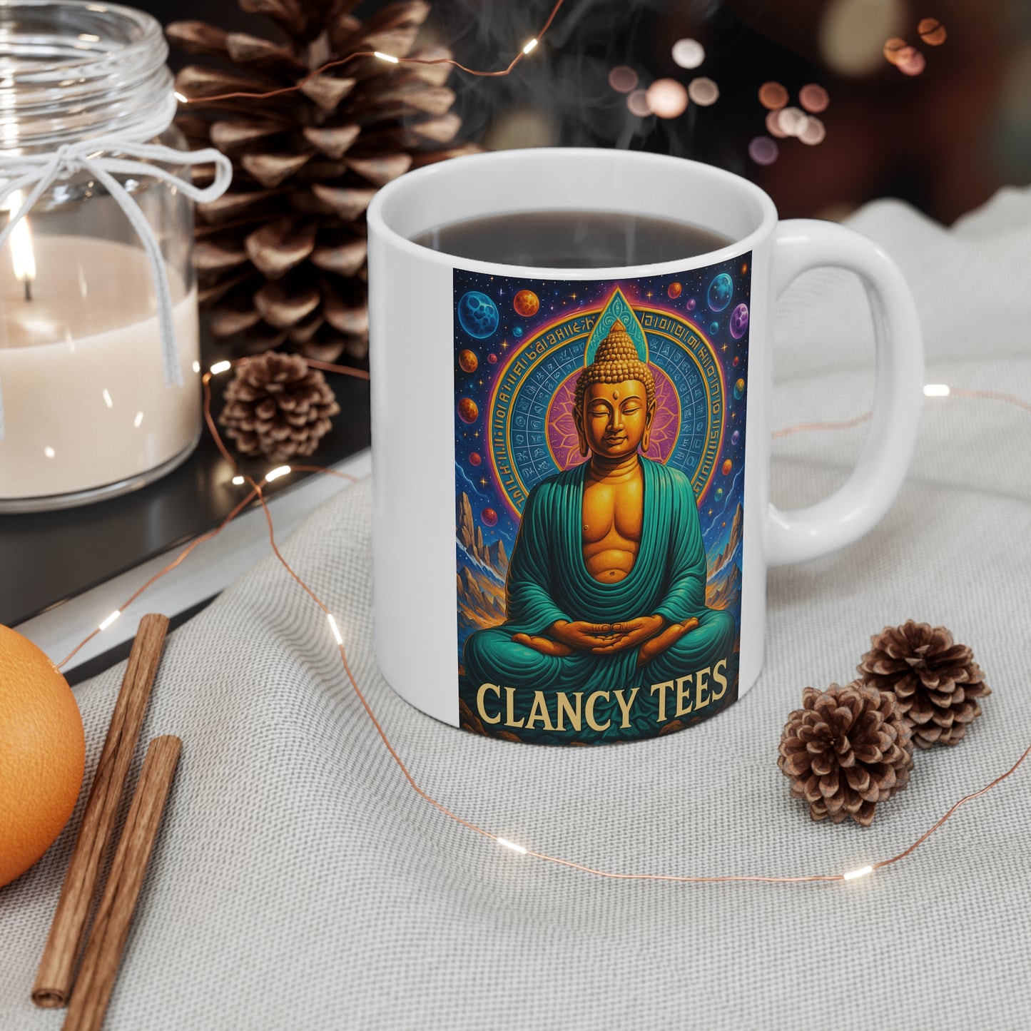 Cosmic Buddha Meditation Mug Spiritual Universe Coffee Cup Vibrant Mandala Artwork Ceramic 11oz Zen Aesthetic Gift For Mindfulness Seekers