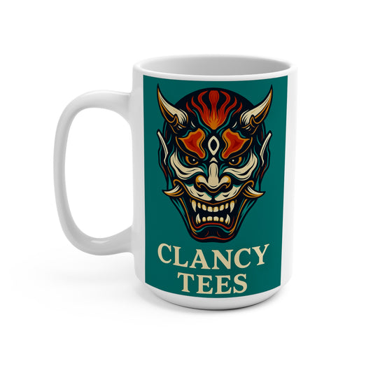 Oni Demon Mask Mug Japanese Tattoo Artwork Ceramic Coffee Cup Gift for Mythology Fans