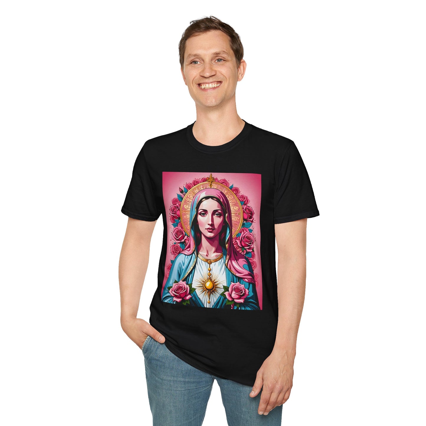 Unisex Softstyle T-Shirt with Sacred Heart Design, Spiritual Apparel, Artistic Gift for Many Occasions, Vintage Aesthetic, Festive Wear