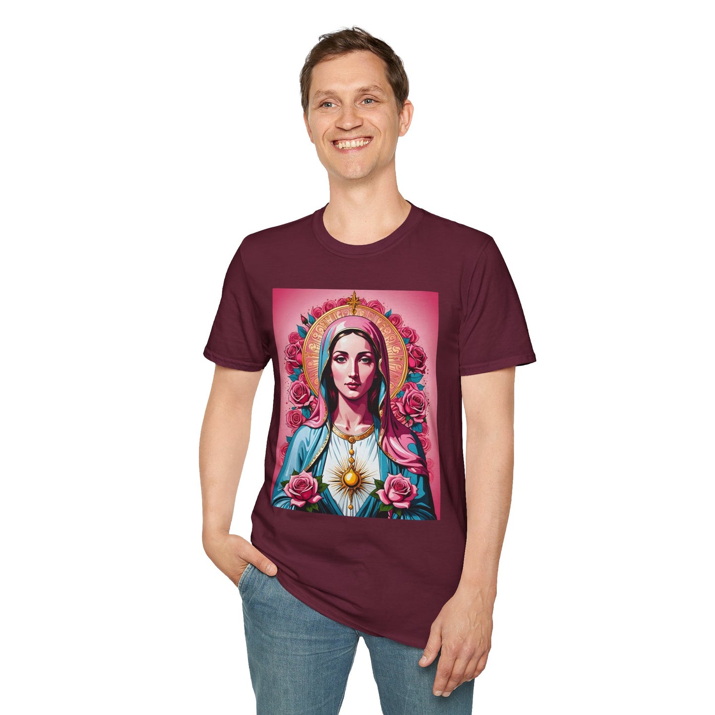 Unisex Softstyle T-Shirt with Sacred Heart Design, Spiritual Apparel, Artistic Gift for Many Occasions, Vintage Aesthetic, Festive Wear