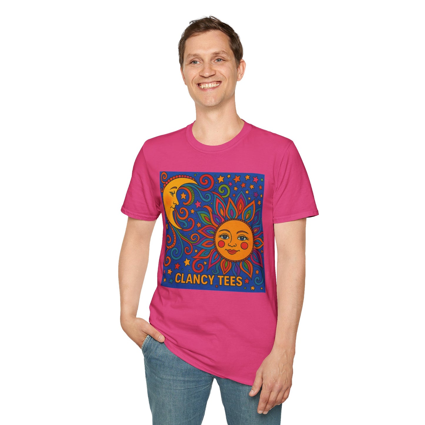 Sun and Moon Vibrant Tee, Unisex Softstyle T-Shirt for Summer Vibes, Boho Fashion, Gift for Her, Festival Wear, Casual Wear