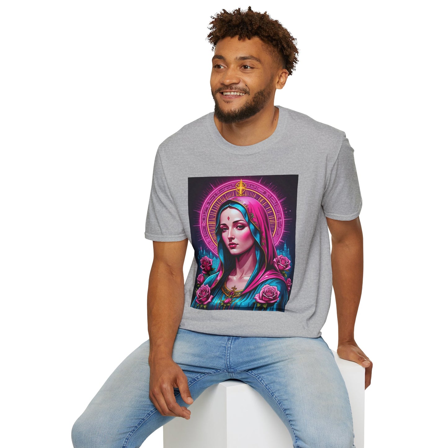 Religious Graphic Tee - Vibrant Mary Artwork, Gift for Devotees, Floral Design Shirt, Faith-Inspired Apparel, Everyday Wear