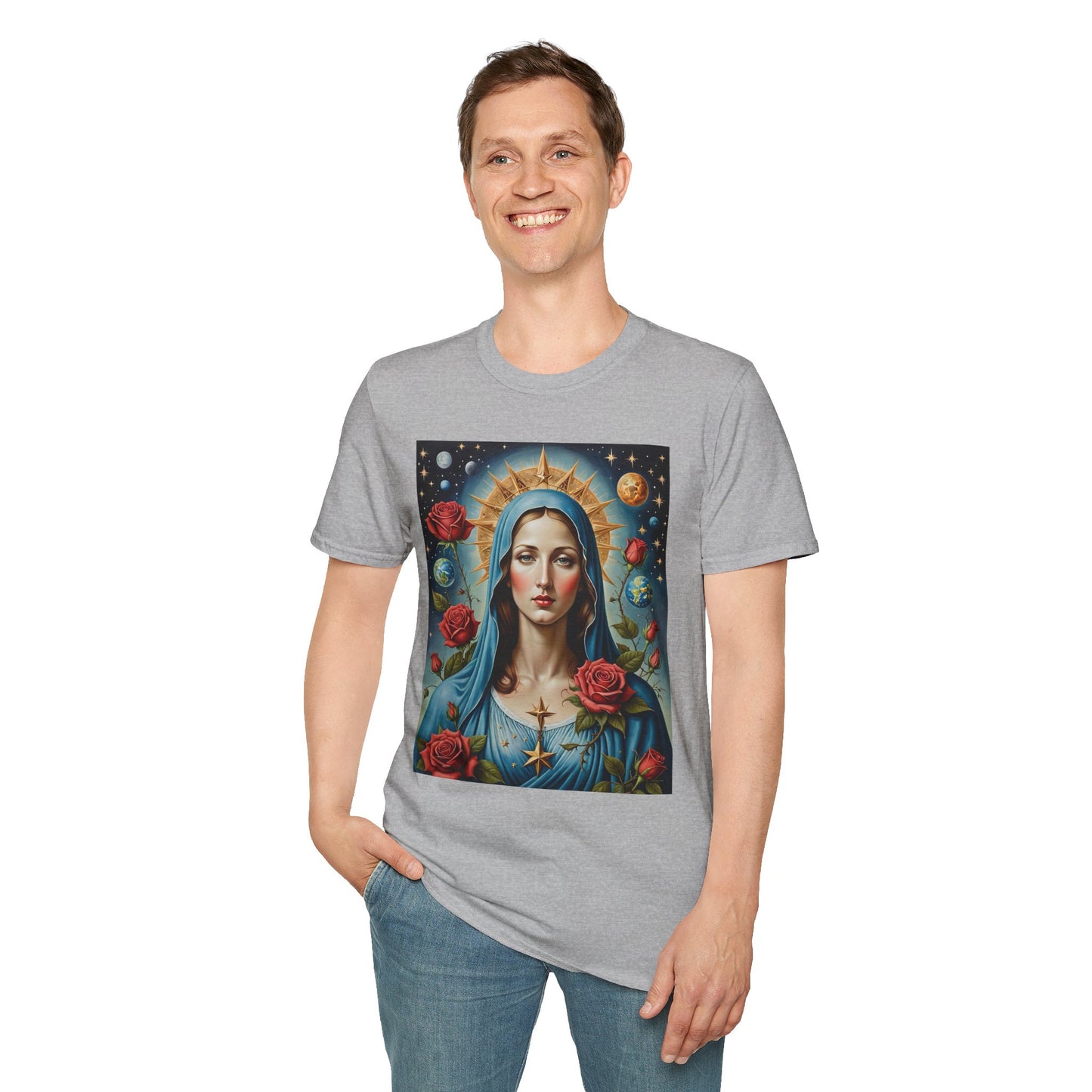 Artistic Virgin Mary T-Shirt, Vintage Graphic Tee, Religious Shirt, Christian Gift, Casual Wear