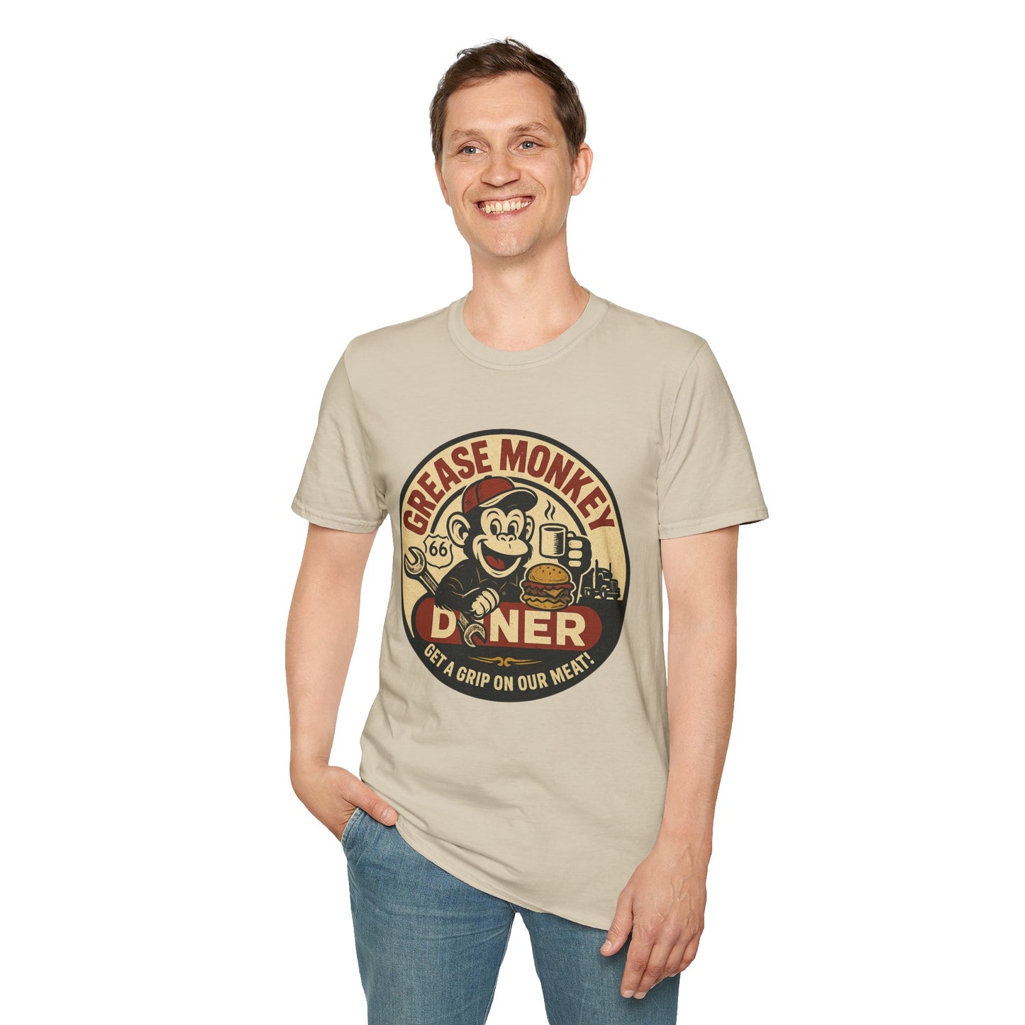Grease Monkey Diner T-Shirt – Retro Mechanic Mascot Tee – Funny Vintage Roadside Shirt Gift for Car Guys, Grill Masters, and Route 66 Road Trip Fans