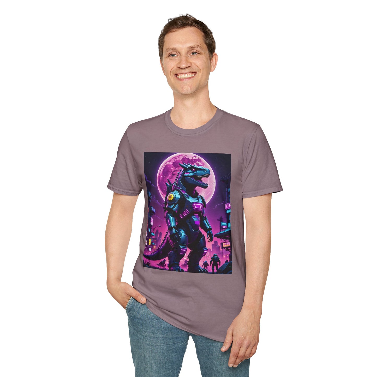 Cyberpunk Dinosaur T Shirt Neon Retro Graphic Tee Futuristic Monster Artwork Top Gift for Sci Fi Fans
