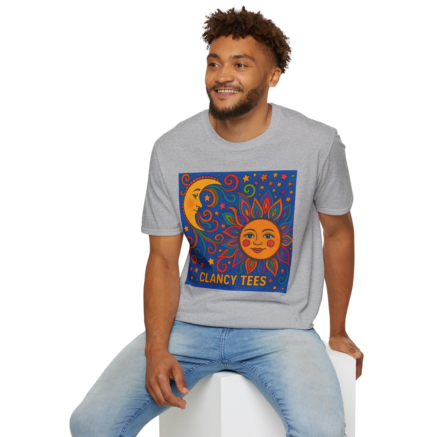 Sun and Moon Vibrant Tee, Unisex Softstyle T-Shirt for Summer Vibes, Boho Fashion, Gift for Her, Festival Wear, Casual Wear