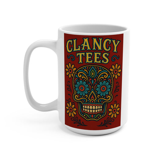 Sugar Skull Flower Ceramic Mug Bold Red Coffee Cup with Tattoo Art Style