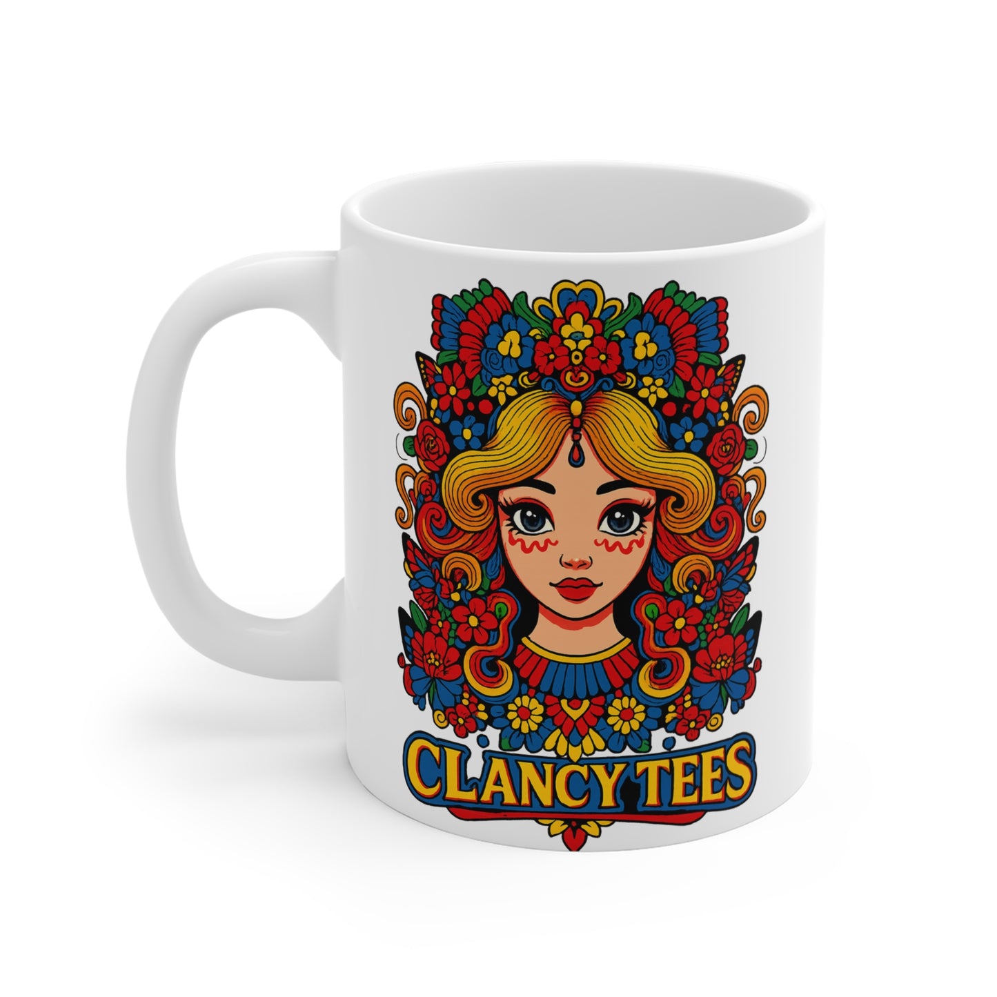 Folk Art Girl Mug 11oz Colorful Coffee Cup Boho Ceramic Gift