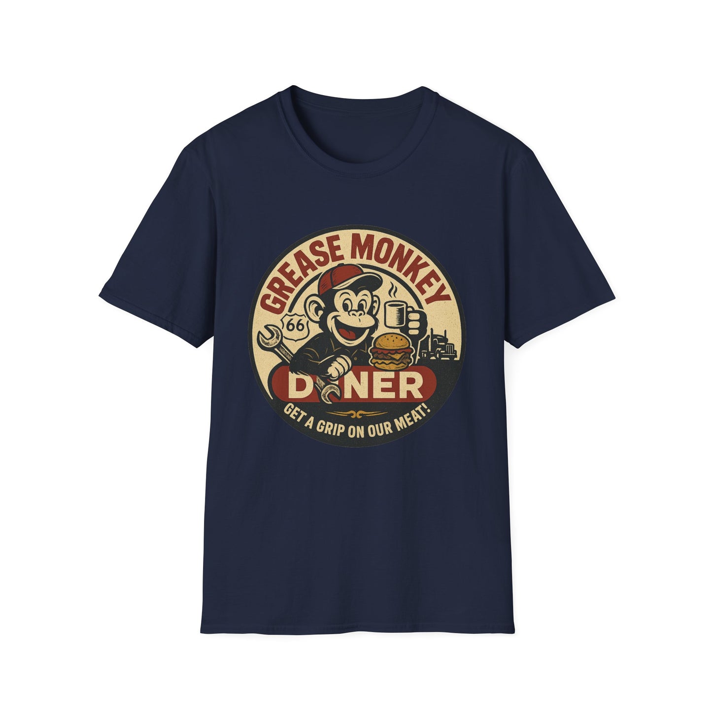 Grease Monkey Diner T-Shirt – Retro Mechanic Mascot Tee – Funny Vintage Roadside Shirt Gift for Car Guys, Grill Masters, and Route 66 Road Trip Fans