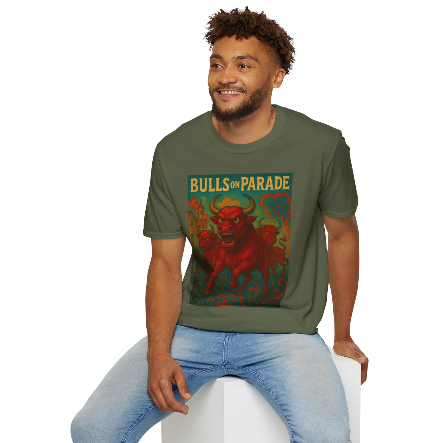 Bulls on Parade Shirt – Psychedelic Rage-Inspired Bull Graphic Tee • Gildan Softstyle® Unisex • Protest Art T-Shirt • Gift for Rage Fans