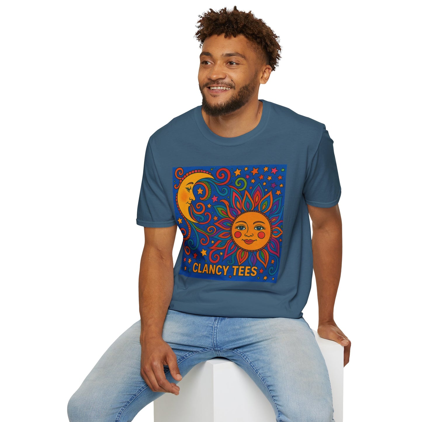 Sun and Moon Vibrant Tee, Unisex Softstyle T-Shirt for Summer Vibes, Boho Fashion, Gift for Her, Festival Wear, Casual Wear