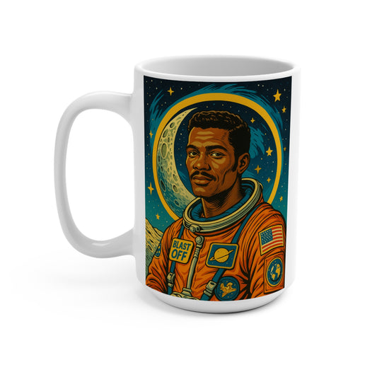 Blast Off Astronaut Mug – Retro Space Explorer Coffee Cup With Cosmic Moon Design, Outer Space Drinkware, Gift for Sci Fi Fans