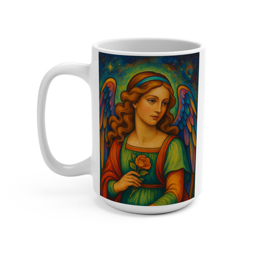 Angel With Rose Mug Vibrant 15oz Ceramic Coffee Cup Gift For Spiritual Friends And Art Lovers