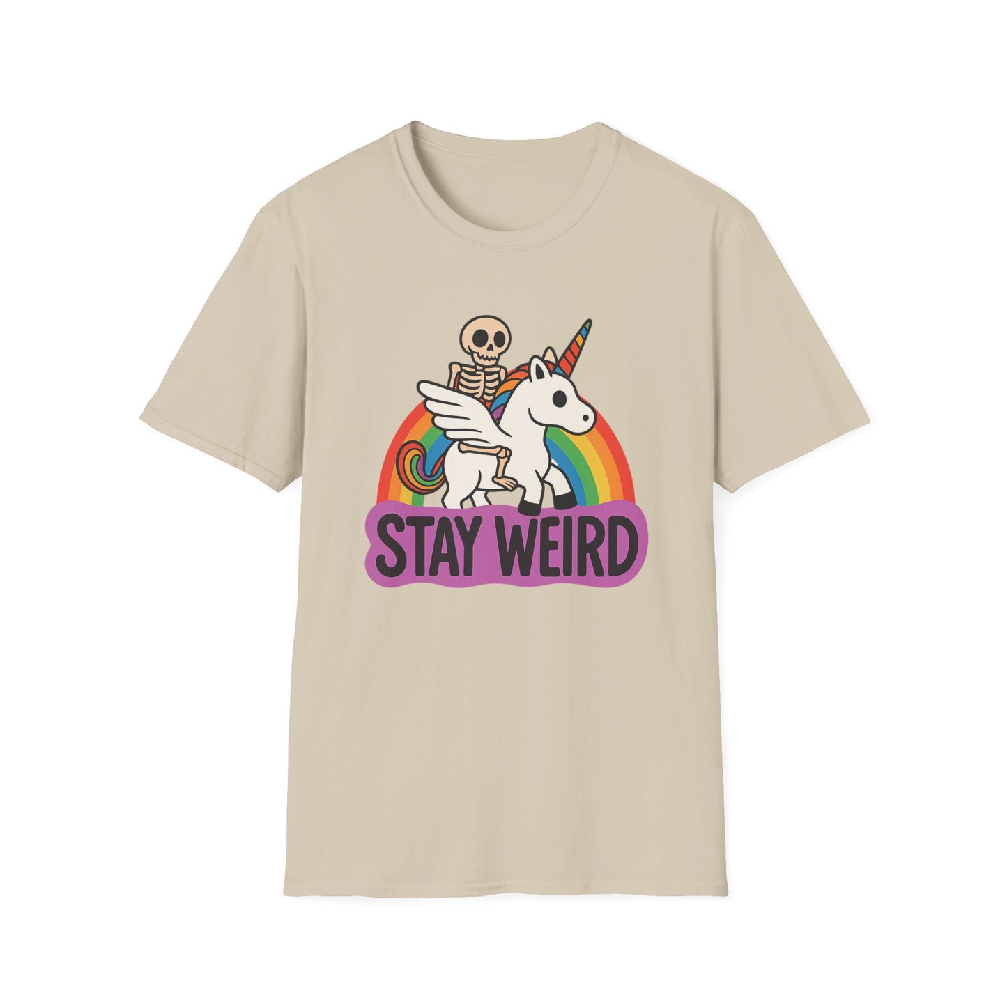 Stay Weird Skeleton Unicorn Shirt – Funny Rainbow Graphic Tee – Whimsical Weirdcore Clothing – Gift for Quirky Friends and Oddball Souls