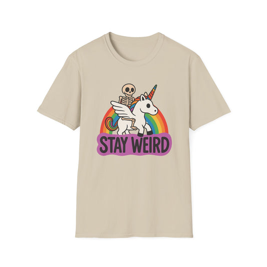 Stay Weird Skeleton Unicorn Shirt – Funny Rainbow Graphic Tee – Whimsical Weirdcore Clothing – Gift for Quirky Friends and Oddball Souls