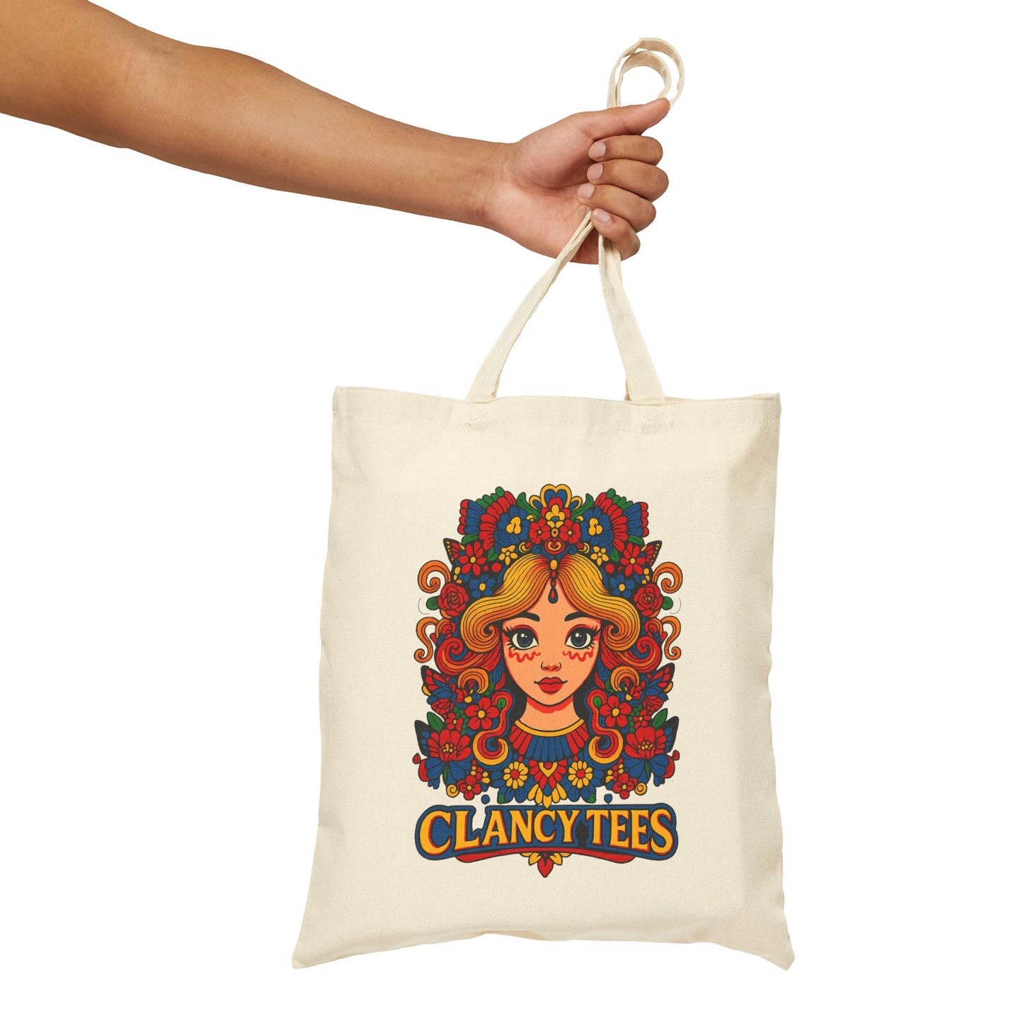 Psychedelic Art Tote Bag With Retro Floral Face Design Groovy Fashion Accessory Everyday Carry Bag Clancy Tees Artwork