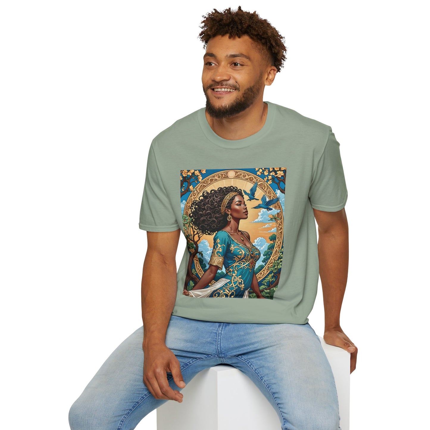 Bohemian Goddess T-Shirt, Unisex Softstyle Tee, Nature-Inspired Apparel, Gift for Women, Artistic Graphic Shirt, Eco-Friendly Fashion