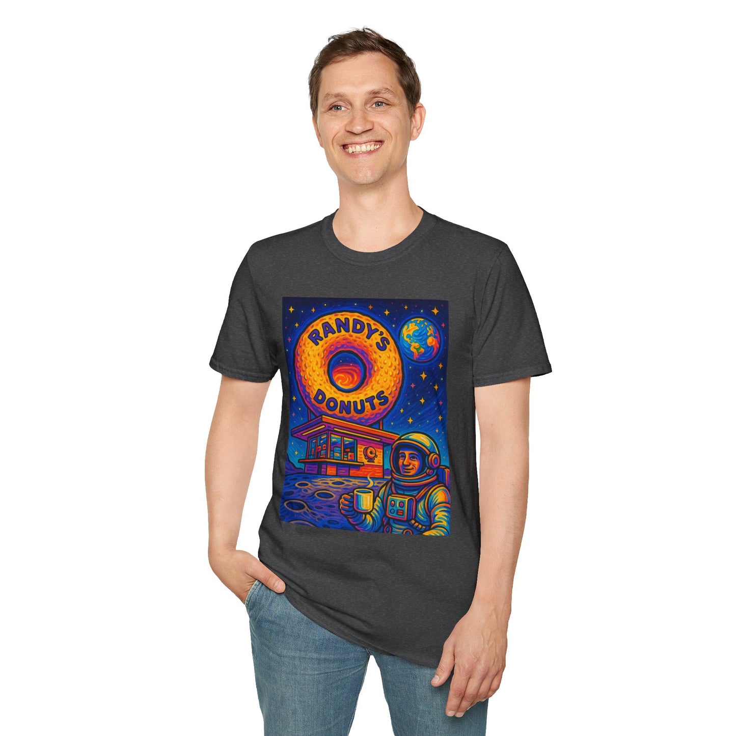 Space Donut T-Shirt – Retro Sci-Fi Astronaut Holding Coffee on the Moon – Gift for Foodies, Dreamers, and Outer Space Humor Fans